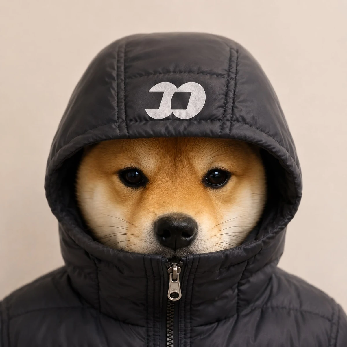 Shiba Inu in a black hooded puffer jacket